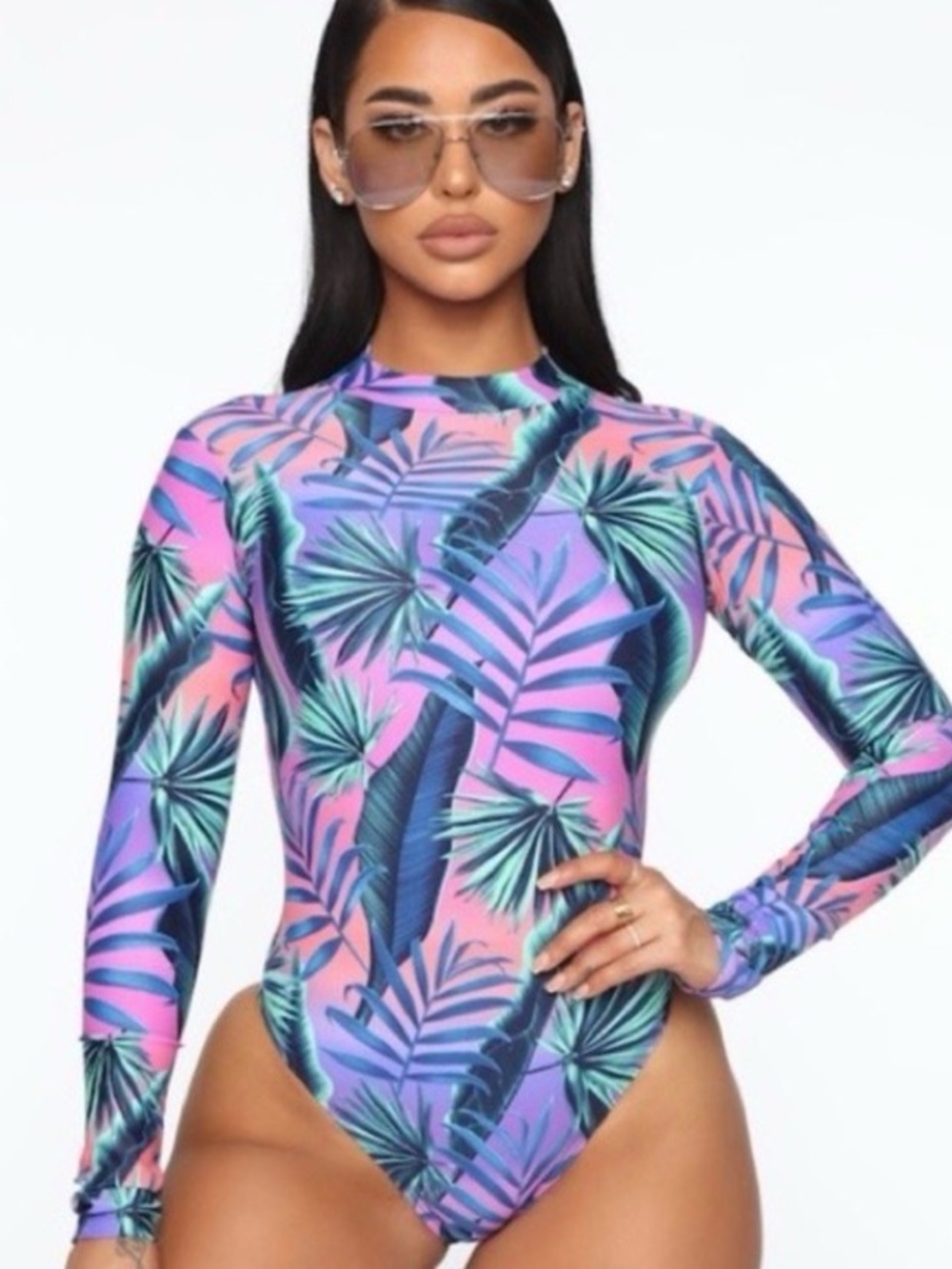 Fashion nova Long Sleeve Tropical Print swimsuit/ Bodysuit - Pink & Purple